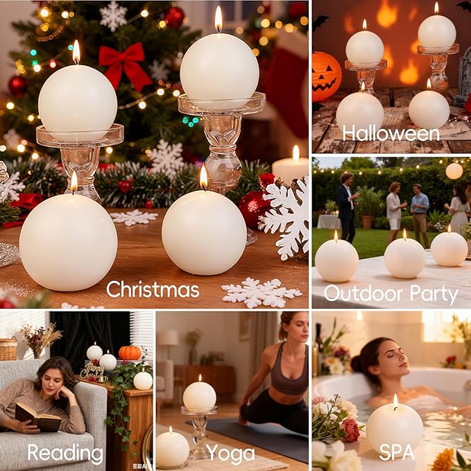 3 Inch White Round Ball Candles,Elegant Round Pillar Candles,Hand-Poured Natural Soy Candle,26 H Long Burning Time-Dripless Smokeless Candles Dinner Table,for Wedding,Christmas Home Decor 4 Pack