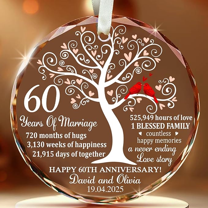 Personalized Anniversary Christmas Ornament – Custom 60 Years Married Glass Keepsake for Couple, Husband and Wife, Parents – Wedding Tree Decoration with Red Cardinals Gift Idea