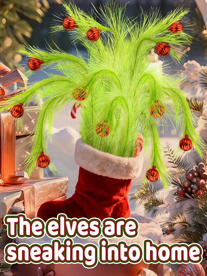 19" Elf Christmas Tree Topper - 12Pcs Lime Green Fluffy Curly Christmas Tree Picks Decorations Filler Ornaments with Red Ball, for Home Wreath Vase Holiday Party