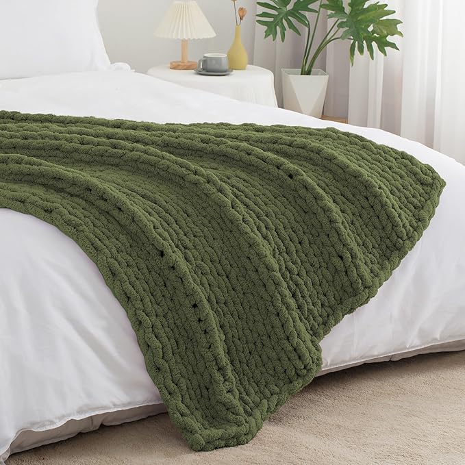 Chunky Knit Throw Blanket 50"X 60", 100% Handmade with Soft Chenille Yarn, 4.4lbs Thick Cable Knitted Blankets, Large Rope Knot Crochet Throws for Couch Sofa Bed Home Decor, Olive Green