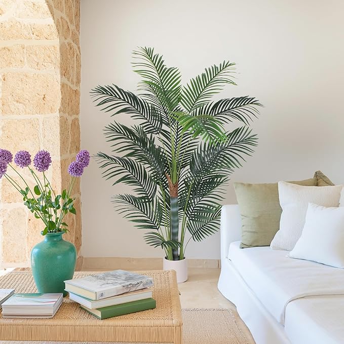6 FT Fake Palm Tree-Tall Artificial Plants with White Planter, Faux Palm Trees Indoor Outdoor with 18 Lagre Leaves, Tropical Areca Palm Plant for Home Office Living Room