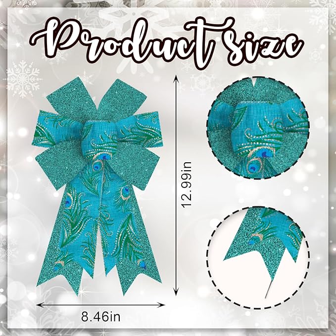 Peacock Bow for Wreath, Blue Green Glitter Peacock Wreath Bow for Christmas Decor, Front Door Indoor Outdoor Wall Tree Topper Decoration Supplies, Birthday Hanging Ornament