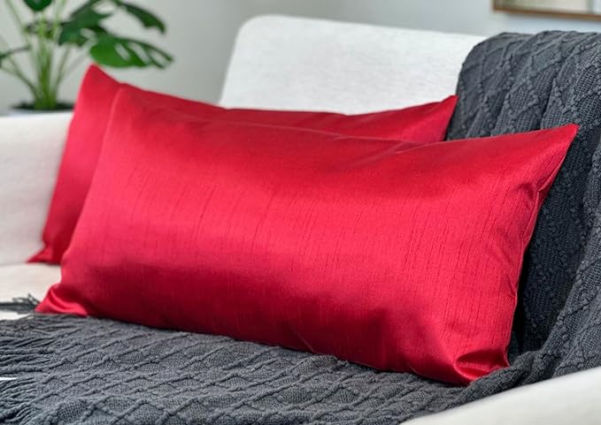 Aiking Home 12x24 Inches Faux Silk Rectangular Throw Pillow Cover, Zipper Closure, Red (Set of 2)