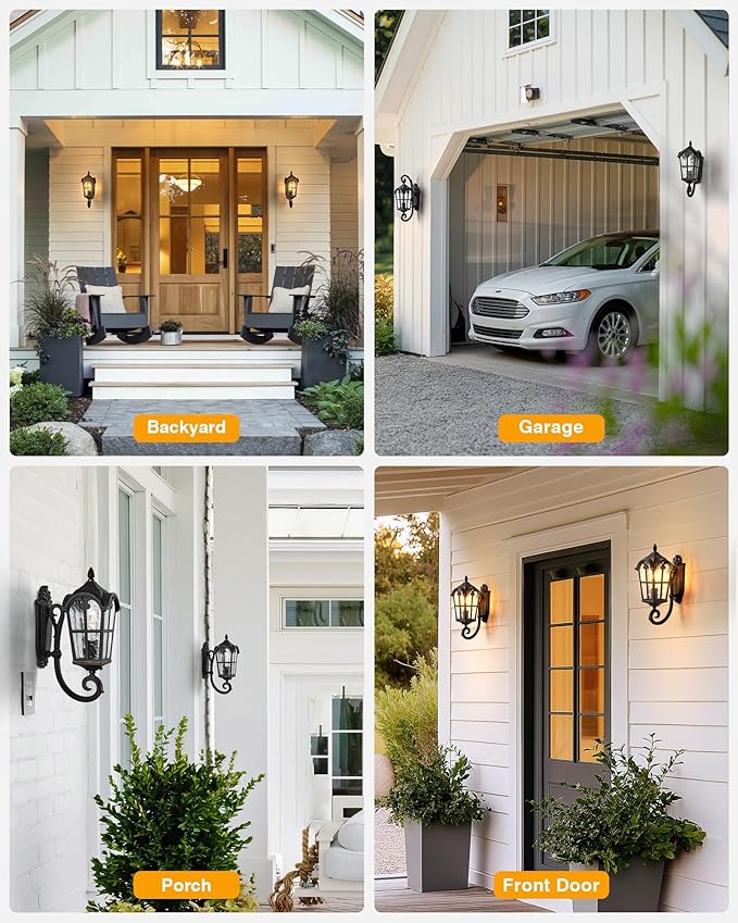 VIANIS 2 Pack Outside Lights for House Dusk to Dawn, Black Exterior Light Fixture Wall Mount, Anti-Rust Modern Outdoor Sconce Lantern with Rippled Glass for Front Porch, Garage, Hardwired, Non-Solar
