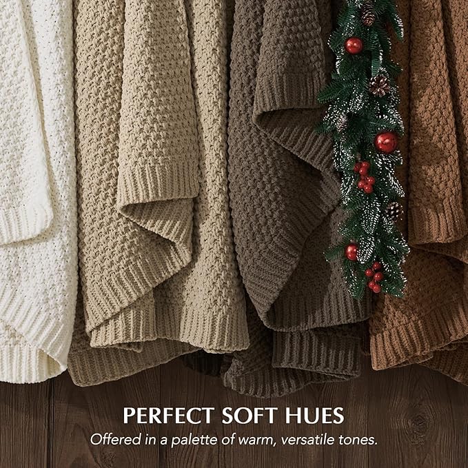EVERGRACEHOME Chunky Chenille Knit Throw Blanket for Couch, Soft Luxurious Moss Stitch Blankets for Bed, Cozy Decorative Farmhouse Knitted Throws for Sofa, Sand Dune, 60" x 80"