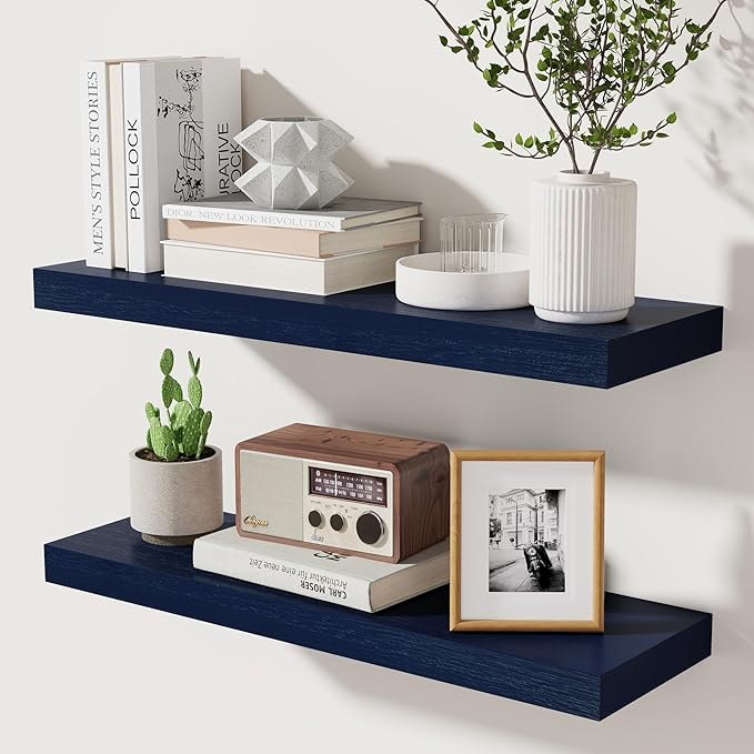 fuqing Dark Blue Floating Shelves | 24 Inch Floating Shelves for Wall Set of 2 | 24" W x 6.7" D x 1.4" H Blue Shelves for Bathroom Living Room Bedroom Kitchen