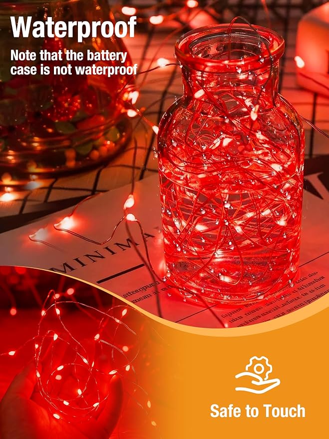 btfarm Fairy Lights Battery Operated with Timer 8 Modes, 16.4 FT 50 LED Silver Wire Twinkle String Lights Battery Powered Dimmable Waterproof for Indoor Home Party Wedding Christmas Decor, Red