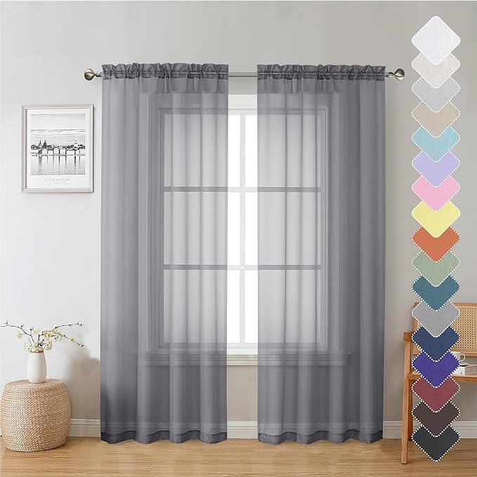 Lecloud Charcoal Grey Sheer Curtain Panels 72 Inch Length, Light Filtering Window Curtain Drapes Treatment for Living Room, Breathable Rod Pocket Sheer Curtains for Bedroom, 2 Panels, Each 40" Wx72 L
