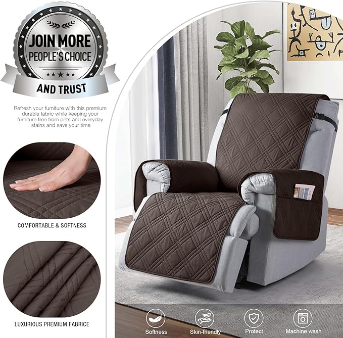 TAOCOCO 100% Waterproof Recliner Chair Covers, Non Slip Recliner Covers for Recliner Chair with Pocket, Washable Reclining Chair Cover Furniture Protector for Kids,Dogs(25'', Chocolate)