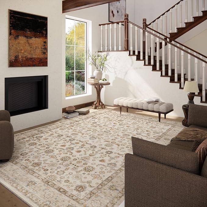 Washable Area Rugs for Living Room: 9x12 Bedroom Rug Boho Vintage Area Rug Stain Resistant Non Slip Low Pile Lightweight Soft Carpets for Dining Room Kitchen Nursery Kids Room Playroom Home Office