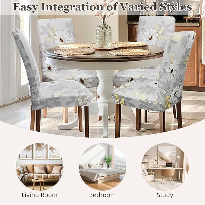 Sufdari Dining Chair Covers,Kitchen Chair Cover,Parsons Chair Slipcover,Spandex Chair Protectors for Dining Room Stretch Chairs Cover Set of 8 -Grey Floral