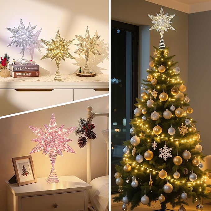 Lewondr Christmas Star Tree Topper, USB Powered Remote Controlled 11 Inch Multilayer Hexagonal Tree Toppers Christmas Decor with 8 Light Modes for Home Holiday Xmas, Timer Function, Silver