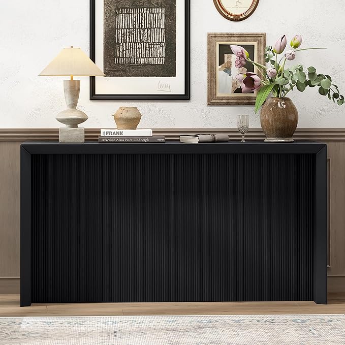 Minimalist 60'' Long Console Table Sofa Table, Unique Versatile Acacia Wood Accent Entryway Table for Hallway Living Room Study Foyer Corridor, Wave Finish Design (Black-N6)