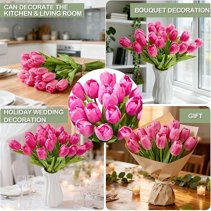 Artificial Flowers Mother's Day Easter Valentine's Day Gifts, Artificial Flowers Fake Tulips Flowers Home Kitchen Wedding Table Decorations a Bunch of 20 Hot Pink Tulips