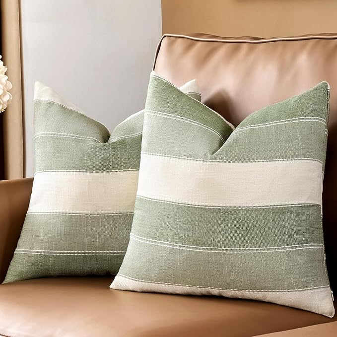 AmHoo Pack of 2 Farmhouse Stripe Check Throw Pillow Covers Set Case Cotton Linen Decorative Pillowcases Cushion Cover for Couch Bench Sofa 16x16 Inch Sage Green