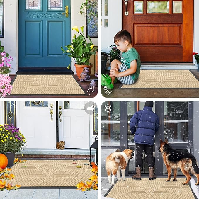 Smiry Front Door Mat Outside Entrance, Heavy Duty Sturdy Natural Rubber Doormat, Trap Dirt and Moisture, Easy Clean Low Profile Mats for Indoor Outdoor Entry, Irregular Triangle (29.5x17, Beige)