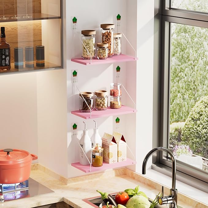 Elevate Your Space with Rustic Wood Floating Shelves Set of 3- Perfect for Bedroom, Living Room, Bathroom, and Kitchen Decor - Easy Installation, No Drilling Needed!