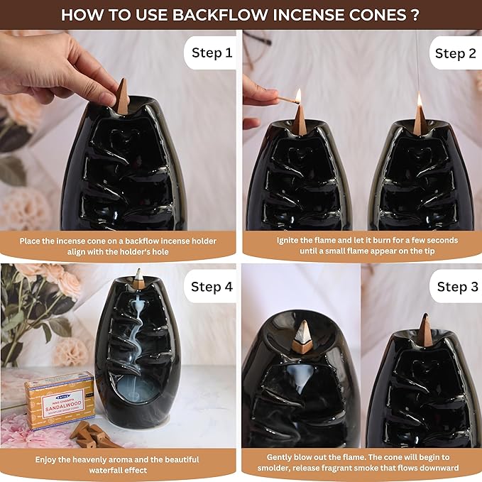 Sandalwood Backflow Incense Cones for Waterfall Aromatic Smoke Fountain Haze Falls and Mat Bundle - Pack of 6