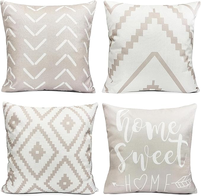 Decorative Throw Pillow Covers 22x22 inch Set of 4 Light Khaki Pillow Covers for Couch Sofa Living Room,Farmhouse Outdoor Throw Pillow Cover,Modern Geometric Linen Square Throw Pillow Cases