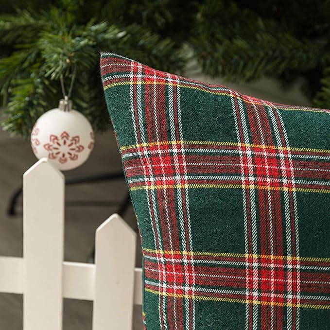 AQOTHES Pack of 2 Christmas Plaid Decorative Throw Pillow Covers Scottish Tartan Cushion Case for Farmhouse Home Holiday Decor Red and Green, 20 x 20 Inches