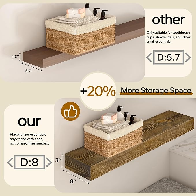Floating Shelves 3 inch Thick for Wall Set of 2,Solid Pine Wood Wall Mount Shelf for Kitchen Living Room Bedroom Bathroom,8" D x 24" L x 3" H-Dark Walnut
