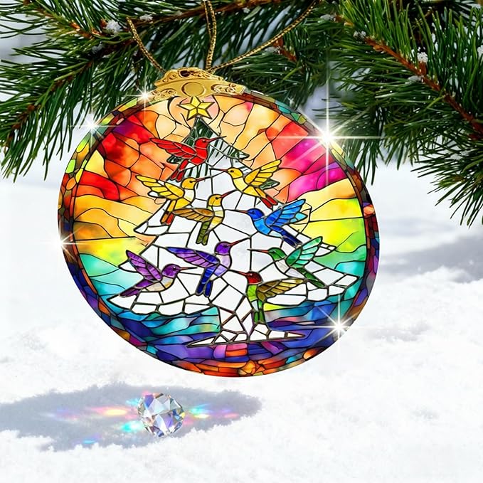 Hummingbird Stained Glass Christmas Ornaments 2025,Hanging Ornaments for Christmas Tree,2.8 * 2.8 * 0.2inch Tree Decor
