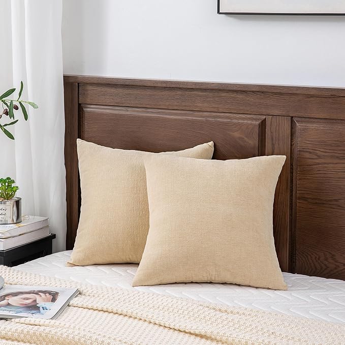 GAWAMAY Decorative Square Throw Pillow Covers 20"x20" Inch Set of 2, Super Soft Chenille Pillows Farmhouse Fall Pillowcase for Living Room Bedroom Sofa Couch Cushion Cover Beige 50x50cm (No Insert)