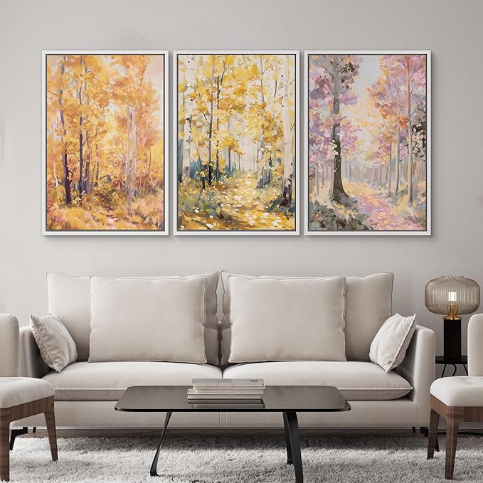 SIGNWIN Framed Canvas Print Wall Art Set Golden Autumn Forest Path Impressionist Landscape Illustrations Modern Art Decorative Chic Calm for Living Room, Bedroom, Office - 16"x24"x3 White