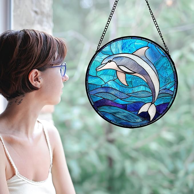 Stained Glass Suncatcher, Blue Ocean Dolphin Sun Catcher Marine Life Stain Glass Indoor Window Hanging Decoration Mother's Day Birthday Gifts for Women Men Mom and Nana 6.3 in