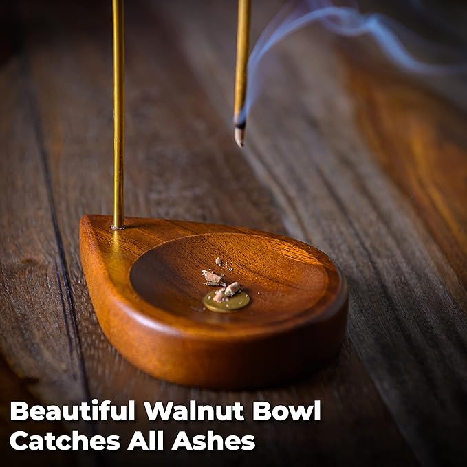 Curawood Incense Holder for Sticks - 11.4" Tall Reverse Style Incense Burner Holder with Mess Free Ash Catcher Tray - Modern & Minimalist Design Incense Sticks Holder with Brass & Walnut Wood Elements