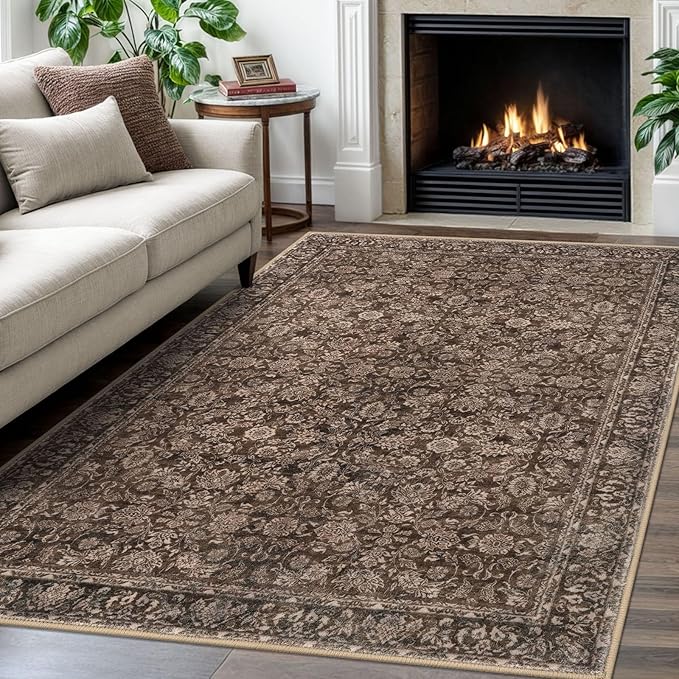 4x6 Washable Rug Rust Reddish Brown Area Rug for Entryway Soft Non-Slip Indoor Door Rugs Distressed Floral Low-Pile Doormat, Neutral Vintage Carpet for Entrance Kitchen Bedside Farmhouse