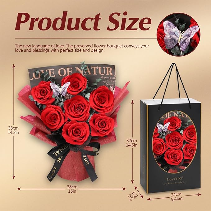 Casaido Preserved Flowers for Delivery, 7 Red Roses Bouquet, Birthday Gifts for Women, Christmas Rose Gifts for Mom Wife Girlfriend, Forever Real Flowers for Valentines Day Anniversary