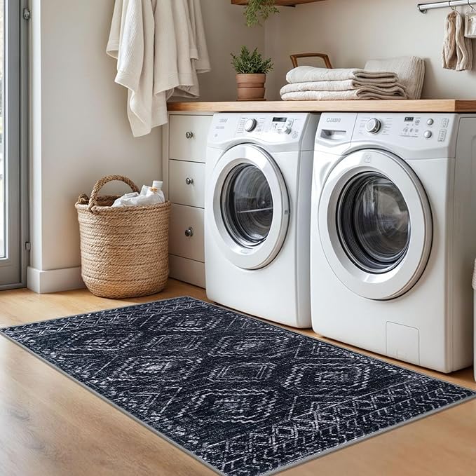 KILOCOCO Boho Entryway Rug 3x5 Area Rug Washable Non Slip Throw Rugs Soft for Kitchen Living Room Dining Bedroom Geometric Moroccan Carpet, Black/Navy