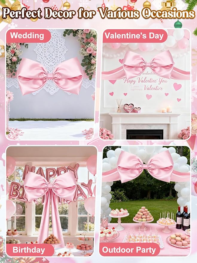 27" x 122" Giant Pink Bow for Coquette Birthday Decorations - Satin Bow with Long Streamers for Christmas Tree Topper Room Decor