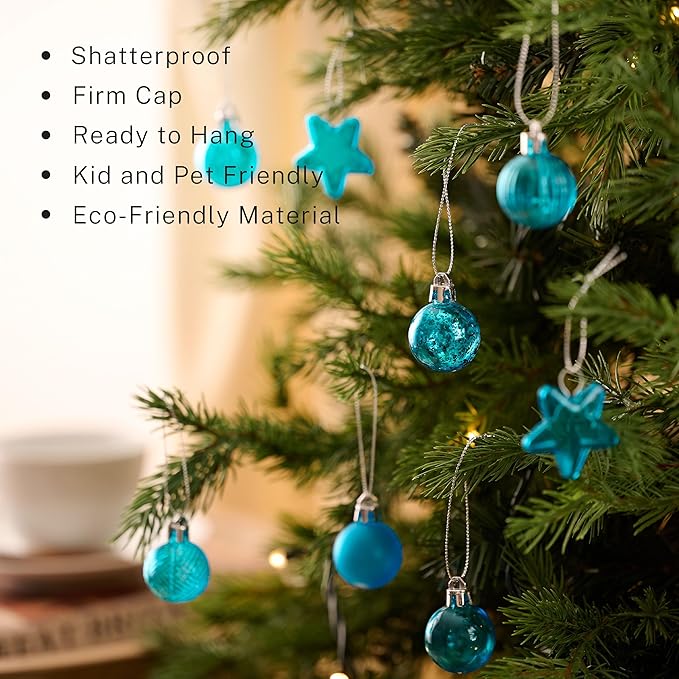 DecorbyHannah Mini Christmas Tree Ornaments, 35ct 1.18inches Blue Christmas Ball Ornaments for Tree Decorations, Small Clear Shatterproof Plastic Hanging Balls Bulk for Xmas, Party, Wedding