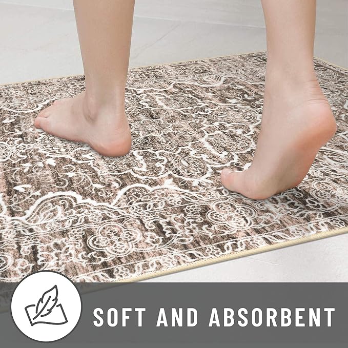KUTA Vintage Floral Rug 3x5 Area Rugs for Living Room Brown Washable Kitchen Carpet Non-Slip, Ultra Soft Printed Distressed Tribal Entry Low-Pile Throw for Entrance Bedroom Home Décor