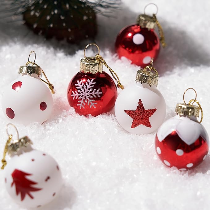 Joiedomi 36 Pcs Christmas Mini Ball Ornament Set, Metalic Glass Small Balls with Glitter Prints & Rope Hangers, Hanging Miniature Ornaments for Christmas Tree, Xmas Glass Party Decor (Red & White)