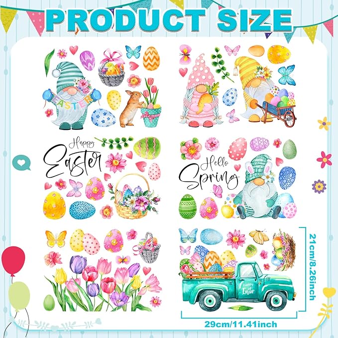 Eersida 74 Piece Easter Wall Clings Flower Gnome Wall Decals for Room Decor Easter Eggs Bunny Flower Stickers Rabbit Window Wall Door Art Decoration Stickers Party Favors Decorative Ornaments