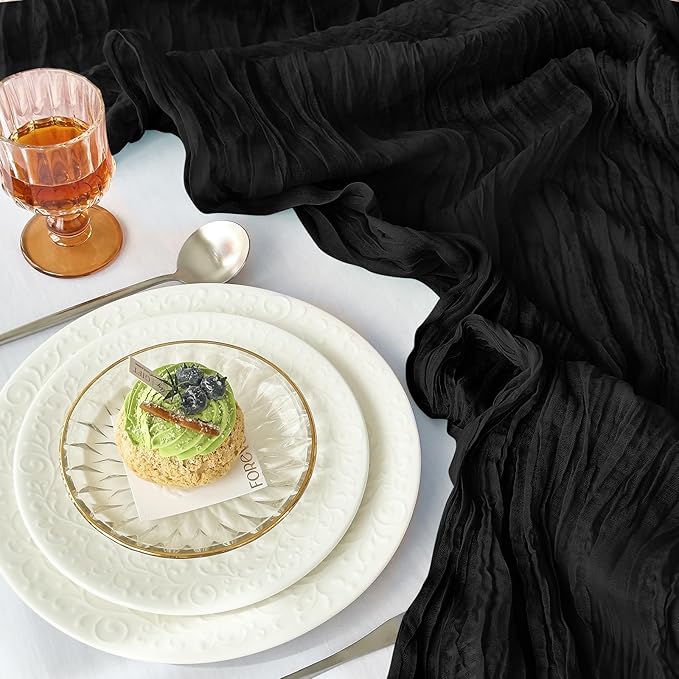 IVAPUPU 10 Pcs Cheesecloth Halloween Table Runner - 10ft Black Boho Gauze Black Cheese Cloth Table Runners for Halloween Decor Indoor Baby Shower Decoration Wedding Party Summer Garden Farmhouse
