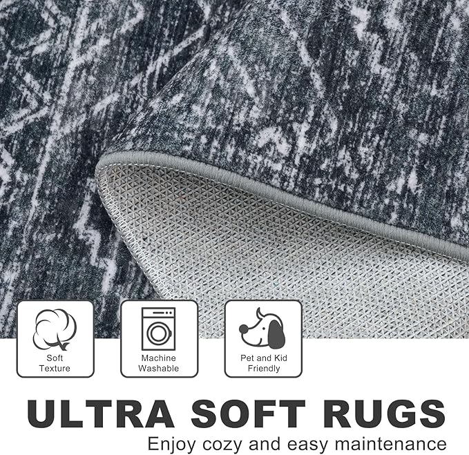 KILOCOCO Boho Kitchen Runner Rug 2x6 Washable Runner Rug, Soft Runners for Hallways Non Slip Printed Distressed Laundry Room Rug, Low-Pile Rug for Entryway/Bedroom/Living Room, Charcoal