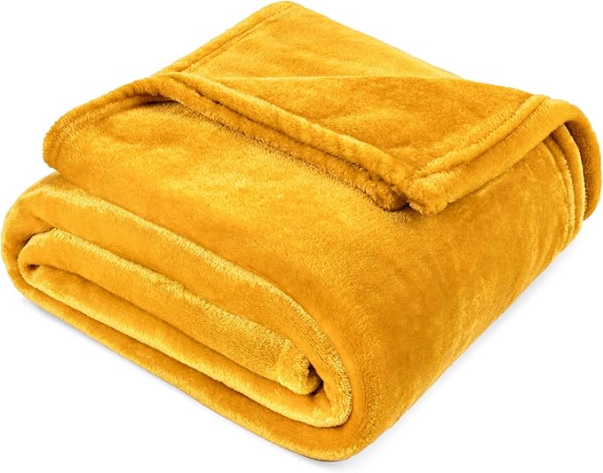 PAVILIA Mustard Yellow Fleece Bed Blanket Queen Size, Gold Super Soft Fuzzy Flannel Throw for Couch Sofa, Luxury Plush Microfiber Large Throw Blanket Queen Bed, Home Cozy Velvet Gift Blanket, 90x90
