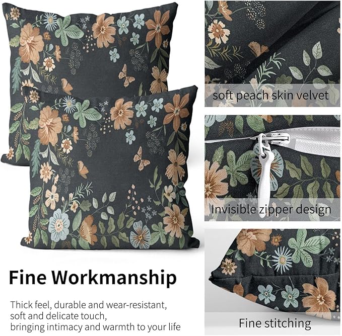 Floral Pillow Protectors with Zipper Standard Size Boho Wildflower Pillow Covers Set of 2 Rustic Moody Botanical King Size Pillowcases Farmhouse Dark Pillowcover Bedding Decorative 36"x20"