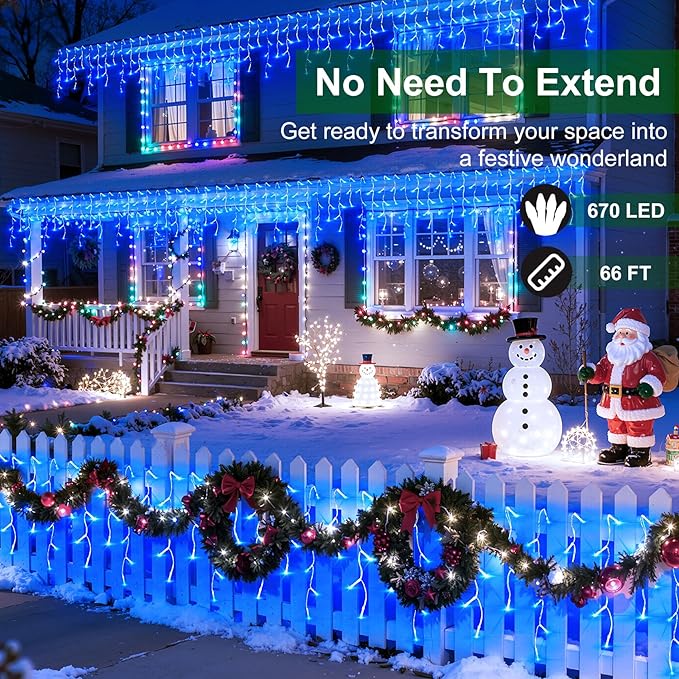 670 LED Christmas Lights with 148 Drops, 66ft 12 Modes Hanging ice String Lights with Timer & Dimmable & Waterproof, Plug-in Fairy Lights for Indoor Tree Holiday Wedding Party Christmas Decor Blue