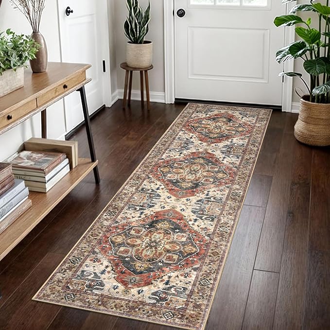 2x7 Washable Runner Rug for Hallways, Terracotta Soft Classic Kitchen Rugs with Non-Slip, Non-Shedding Boho Rug for Hallways Entryway Bedroom Bathroom Laundry Indoor