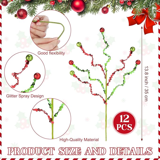 Norme 12 Pcs Red and Green Christmas Glitter Ball Tree Picks and Spray Christmas Tree Topper Decoration 13.8 Inch Artificial Glittery Curly Stem Twigs Branches for Xmas Vase Filler Craft Supplies