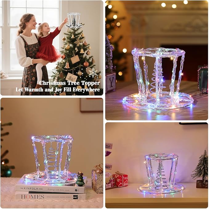 Lewondr Christmas Tree Topper Hat, 9.45" Epoxy Hat Xmas Tree Topper with 40 Color LED Bulbs, 6 Hrs Timer and 8 Light Modes USB Remote Control, Christmas Treetop Decor for Home Holiday, Silver