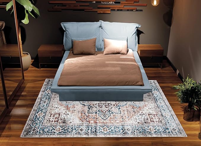 Bloom Rugs Caria Washable Non-Slip 3x5 Rug - Terracotta/Blue Traditional Area Rug for Living Room, Bedroom, Dining Room, and Kitchen - Exact Size: 3' x 5'
