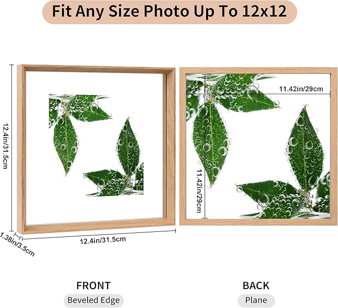 12x12 Floating Frames 2 Pack Wooden Photo Frame Double Sided Glass Picture Frame for Any Size Picture up to 12x12, Wall Mount or Tabletop Displays, Double-edged Frames, Natural