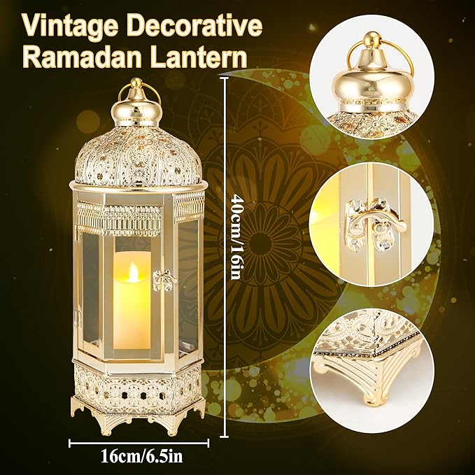 TRIROCKS Moroccan Candle Lantern16'' Gold Hexagonal Candle Holder with Tempered Glass Decorative Indoor Outdoor Ramadan Lantern for Living Room Garden Yard Patio Parties Events (Gold)