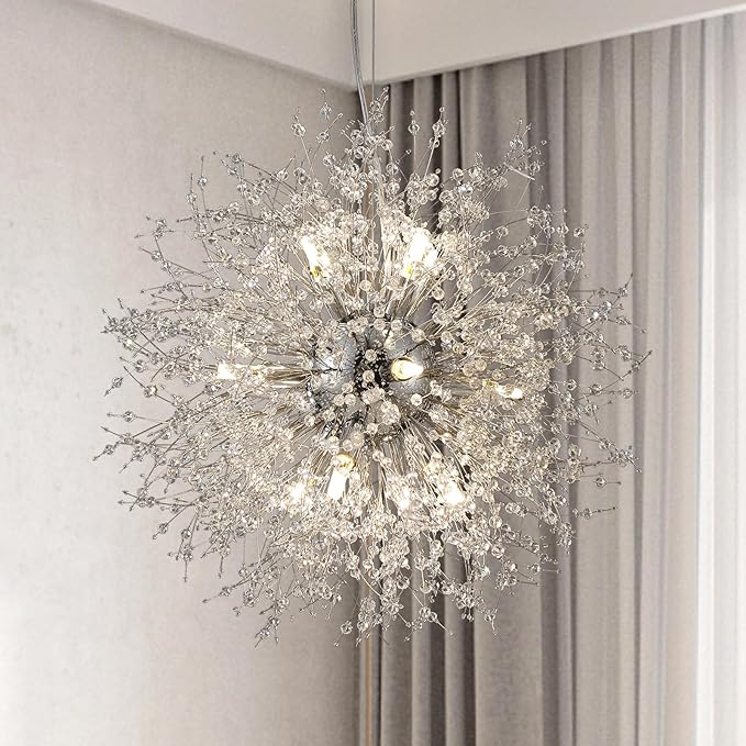 Modern Farmhouse Chandelier, Sputnik 12-Light Crystal Hanging Light, Round Firework Dandelion Pendant Lights for Living Room Bedroom Dining Room Kitchen Island Entryway (Chrome, D21.6inch)